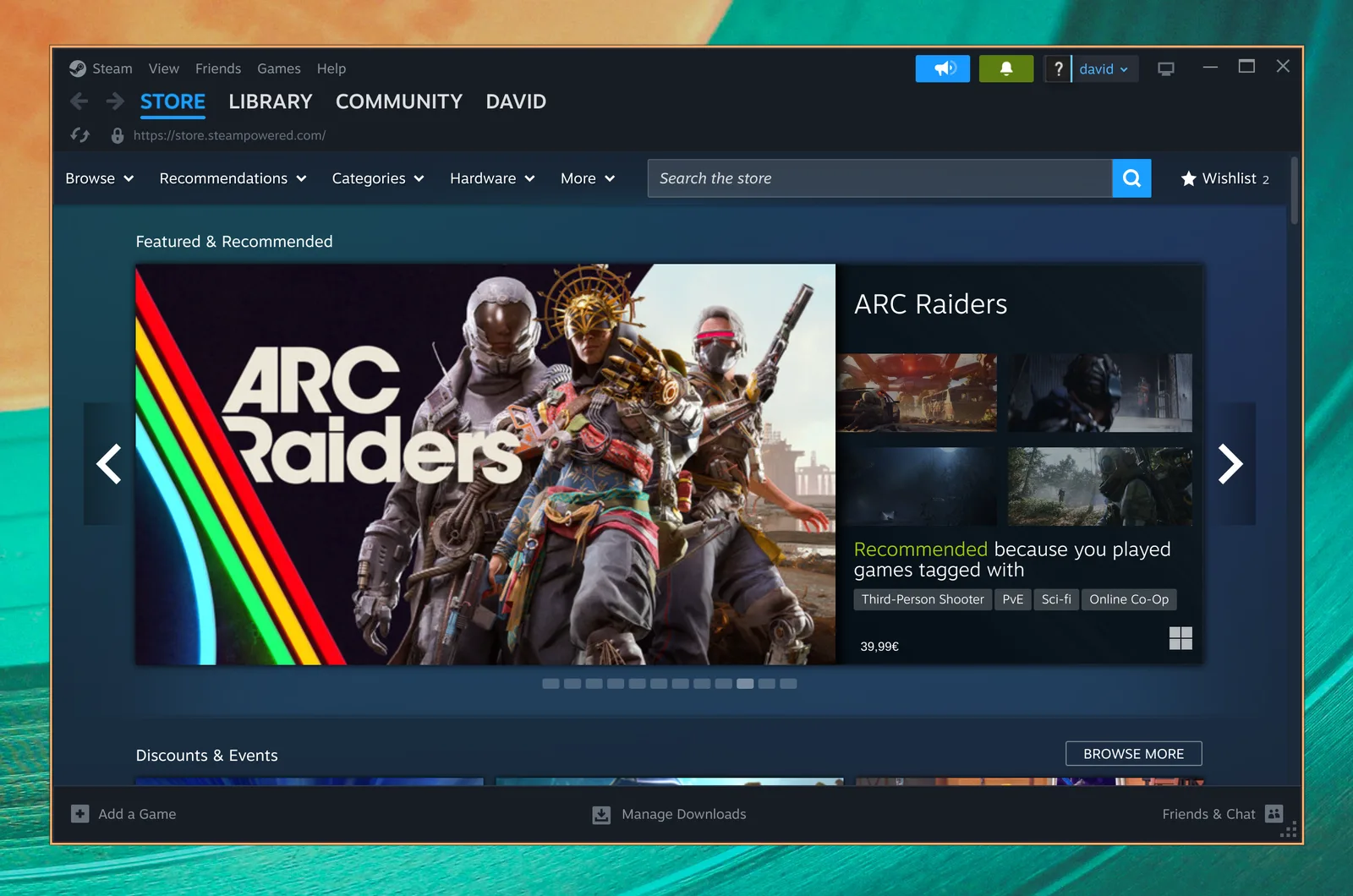 A Steam a mostrar a loja de jogos no Omarchy